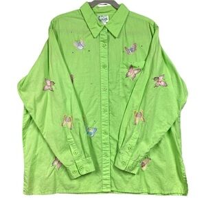 The Quacker Factory Embroidered Butterfly Linen Cotton Button Up Shirt Size 1X